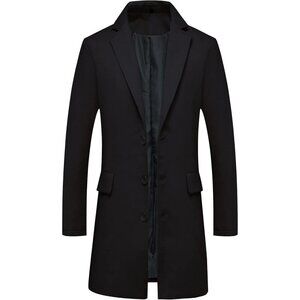 Men's Black Classic Wool Blend Single-Breasted Trench Coat Mid-Length Overcoat
